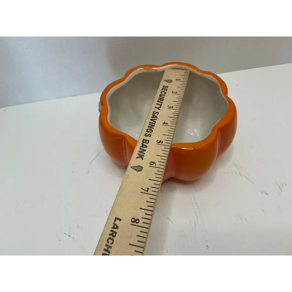 Hand Painted Earthenware Pumpkin Bowl Orange Scalloped Fall Decor 6 Inch